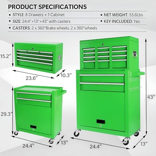 Dawmilon 8-Drawer Rolling Tool Chest, Detachable 2-in-1 Tool Box with Wheel - Image 3