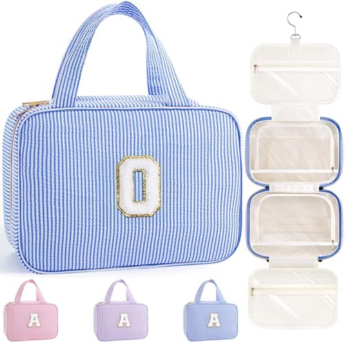TOPEAST Travel Toiletry Bag for Women - Hanging Toiletry Bag Makeup Bag, Portable Toiletries Cosmetic Bag, Airplane Travel Essentials - Letter O, Blue by TOPEAST