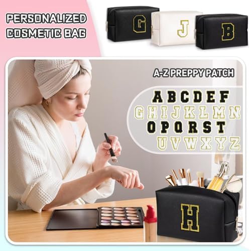 TOPEAST Personalized Makeup Bag, Chenille Letter Pouch Cosmetic Bag w Zipper, PU Leather Waterproof Toiletry Bag, Bridal Shower Gifts for Bridesmaids, Cute Stuff for Girls (Black P) - Image 3