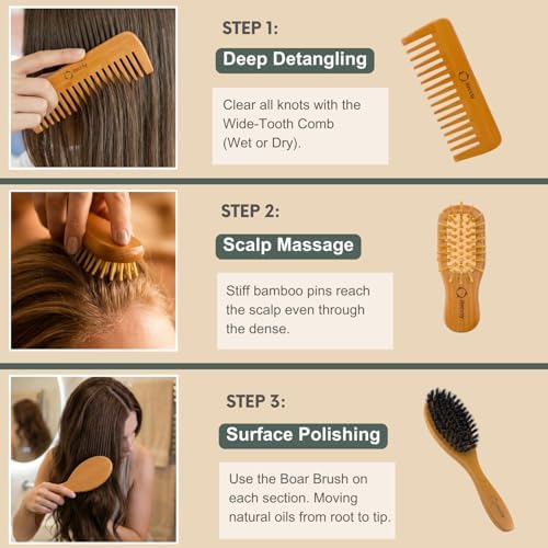 Reccsy 100% Boar Bristle Hair Brush Set with Bamboo Comb for Women - Image 2
