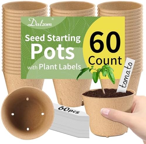 Dalzom® 60Pcs 4” Peat Pots with 60Pcs Plant Labels, Biodegradable Pots for Seedlings with Drainage Holes, Garden Plant Nursery Pots Seed Starting Trays by Dalzom