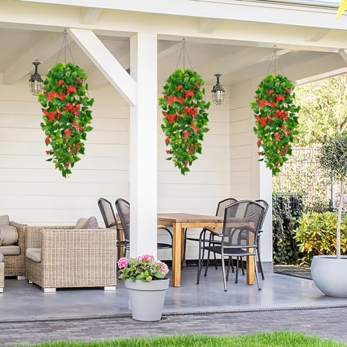 BLEUM CADE Artificial Hanging Flowers for Outdoors, 4pcs Fake Hanging Plants Pothos Vines with Red Flowers for Wall Home Living Room Indoor Outdoor Decor (No Baskets) - Image 5