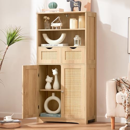 Iwell Tall Storage Cabinet, Rattan Cabinet with 2 Drawers & Adjustable Shelf, Kitchen Pantry Storage Cabient, Entryway Cabinet for Living Room, Dining Room, Home Office, Natural - Image 2