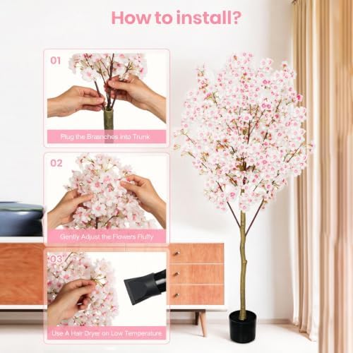 Artificial Cherry Blossom Tree, 6FT Tall Faux Pink Flower Tree with Black Pot, Realistic Silk Blossom Plant for Home Living Room Office Patio Decor, Indoor Outdoor Fake Floral Tree for Wedding Party - Image 3