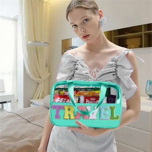 BuyCard Chenille Letter Patch Clear Travel Bags, Preppy PVC&Nylon Makeup Bag with Handle and Zipper, Waterproof Large Clear Travel Toiletry Bag Storage Bag for Women Girls(Blue-Green) - Image 6