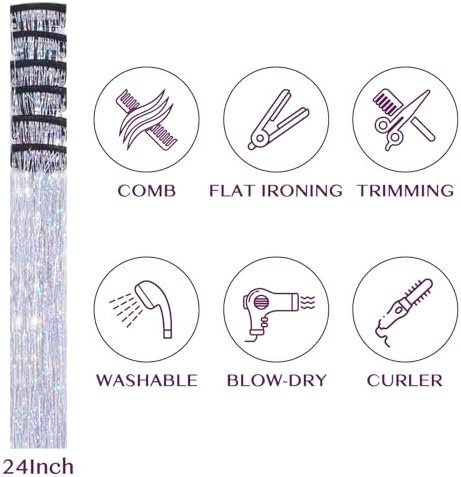 IDN BEAUTY Hair Tinsel Clip In Silver Sparkle Hair Extensions 24 Inch 6pcs - Image 5