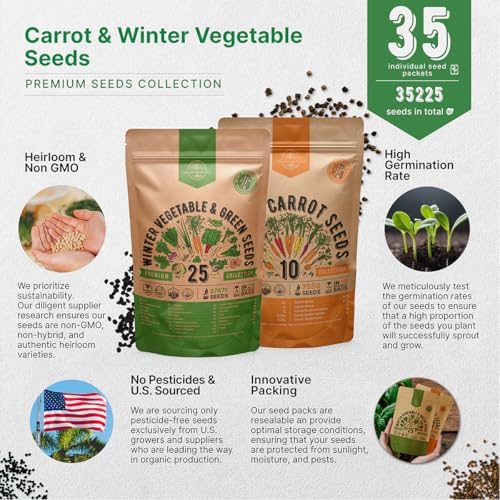 25 Winter Vegetable & Greens and 10 Carrot Seeds Variety Pack Bundle, 35,200+ Non-GMO Heirloom Garden Seeds for Planting Vegetables for Indoor & Outdoor Gardening - Image 7