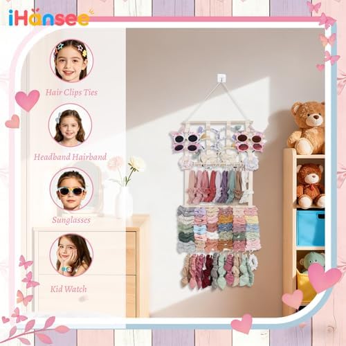 Headband Holder Hair Bow Organizer for Girls W/ 20 Hooks, 8 Ribbons - Image 4