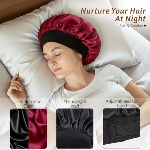 2PCS Bonnets for Sleeping Double Layer Satin Silk Bonnet for Sleeping Women Adjustable Sleep Cap Elastic Wide Band Hair Bonnet for Curly Hair（Wine+Leopard） - Image 5