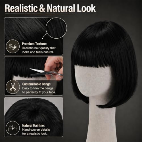 Short Black Bob Inward Curl Wig with Bangs for Women - Image 3