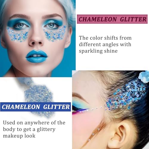 MEICOLY Chameleon Mermaid Blue Body Glitter,Chunky Face Glitter for Halloween,Color Changing Mermaid Hair Glitter Face Paint,Glitter Sequins for Face Body Hair,Festival Party Cheer Glitter Makeup - Image 3