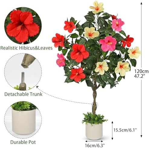 Briful 47" Artificial Hibiscus Tree with 3 Colors Flowers, Fake Tropical Plant in Pot, Tall Faux Flower Tree for Indoor Outdoor Decor, Realistic Silk Hibiscus & Braided Trunk, Potted Home Office Patio - Image 3