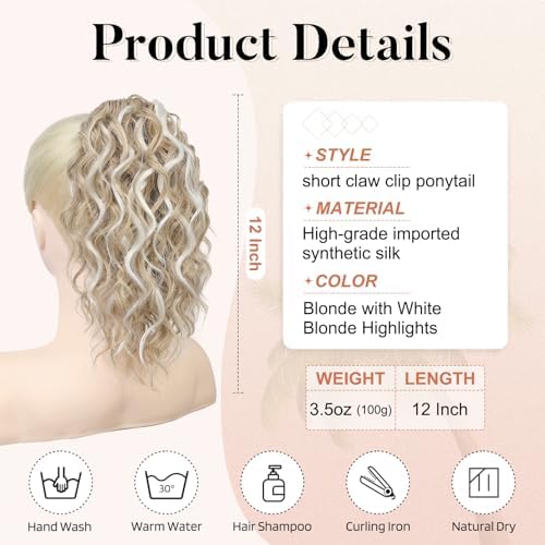 FLUFYMOOZ Ponytail Extension, 12" Short Claw Ponytail Extension Wavy Curly Jaw Clip in Pony tails Hair Extension Natural Synthetic Hairpiece for Women (Light Blonde with White Blonde Highlight) - Image 3