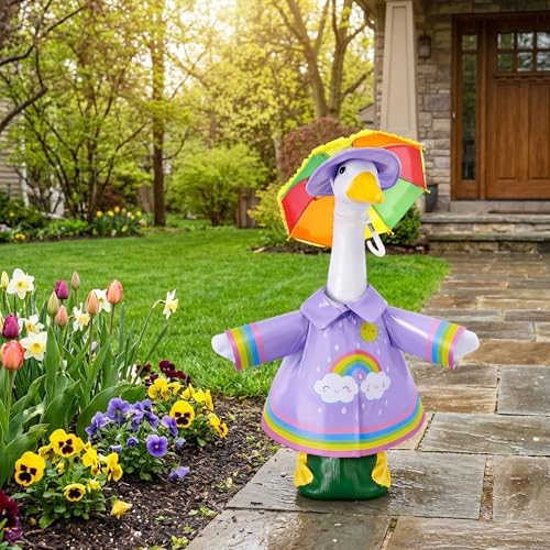 DECOHS 3 Pcs/Set Raincoat Porch Goose Outfits, Summer Lawn Goose Statue Raincoat Costume, Yard Goose Clothes Raincoats Umbrella Hat Outfit for 23" Statue Patio Garden Decoration (Purple Rainbow) - Image 4