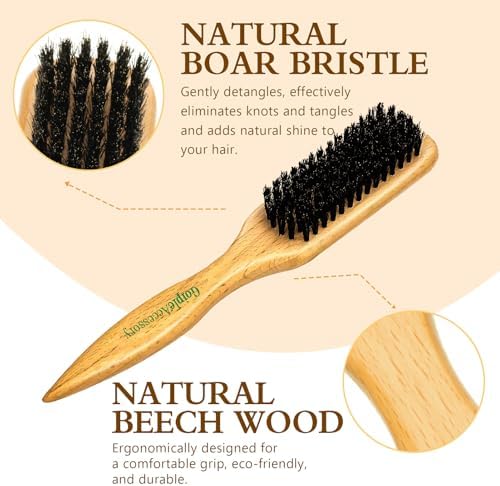 Boar Bristle Slick Back Hair Brush for Smooth Flyaways, Frizz, Sleek Ponytail, Buns and Edge Baby Hair, Teasing | Hair Comb, Edge Brush, Teasing Brush Rat Tail Comb for Girls, Kids, Women & Men - Image 2
