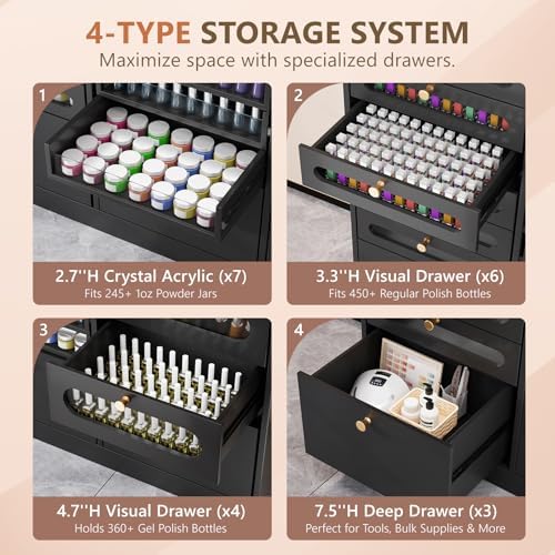 OmySalon Nail Polish Organizer Cabinet with Drawers, 47.2" L Large Nail Salon Storage for Polish & Powder, 7 Clear & 10 Visual Drawers, Wooden Beauty Salon Furniture (Black) - Image 5