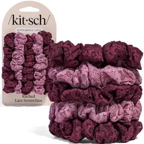 Kitsch Ruched Lace Hair Scrunchies For Women – Cherry Lacquer & Dusty Pink by Kitsch