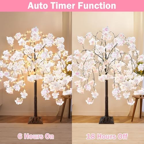 obbsie 4FT Cherry Blossom Tree with 360 LED Fairy Lights Artificial Lighted Tree with 8 Lighting Modes Light Up Pink Tree with Faux Flowers for Spring Wedding Party Indoor Outdoor Decor - Image 3