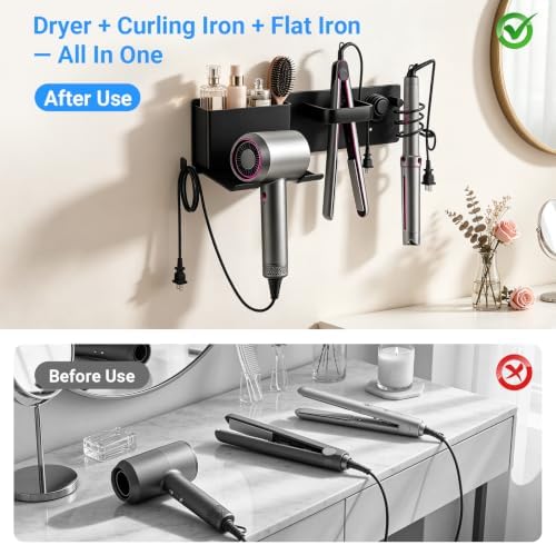Hair Dryer Holder Wall Mount with 2 Storage Compartments, Aerospace Aluminum Blow Dryer Curling Iron Flat Iron Holder, No Drill Adhesive Bathroom Hair Tool Organizer, Heat Resistant (Black) - Image 5