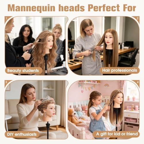 26'' Human Hair Mannequin Head,80% Mocha Brown Real Hair Mannequin Head,Cosmetology Manikin Head Doll Hair Styling Hairdressing Practice Training Wig Head with Clamp Holder and Tools - Image 5