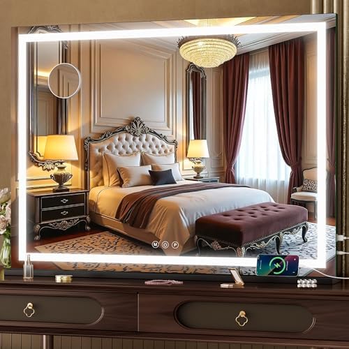 Hasipu Vanity Mirror with Lights, 32" x 24" LED Makeup Mirror, Lighted Makeup Mirror with Dimmable 3 Modes, Touch Screen Control Vanity Mirror Square Black by Whatssuitableisthebest