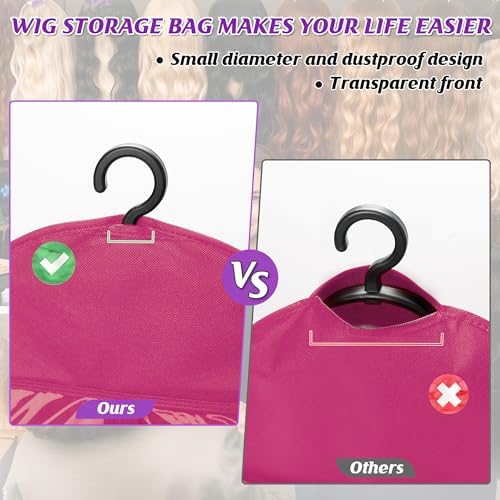 KOLLIEE 2 Pcs Wig Bags Storage with Wig Hanger Dust-proof for Multiple Wigs Hanging Storage Bags Organizer Foldable Easy Carry Suitable for Home Travel Hair Salon Rose - Image 6