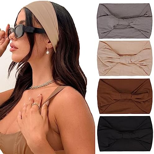 Kahanaa 4 Pcs Wide Headbands for Women Soft Stretchy Turban Headband Hair bands Head Bands Hair Wraps With Twisted Knots for Yoga Workout by Kachanaa