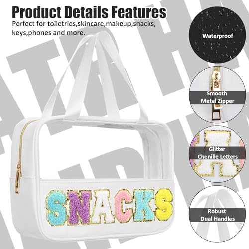 BuyCard Chenille Letter Clear Snack Bags Makeup bag, Preppy Cosmetic Bag, Nylon & PVC Waterproof Travel Pouch with Zipper & Handle, Large Capacity Toiletry Organizer Bag for Women & Girls (White) - Image 2