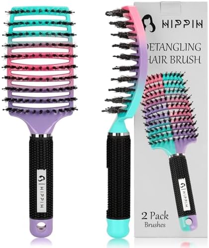 HIPPIH Boar Bristle Hair Brush Set of 2, Detangling Smoothing for Wet & Dry by HIPPIH