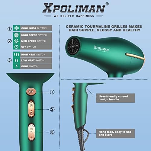 Pro Ionic Salon Hair Dryer,Xpoliman Blow Dryer,Powerful 2000 Watt with AC Motor,Quick Drying Hairdryers Diffuser Fast Dryer Lightweight Best Soft Touch Body -Green & Gold - Image 3
