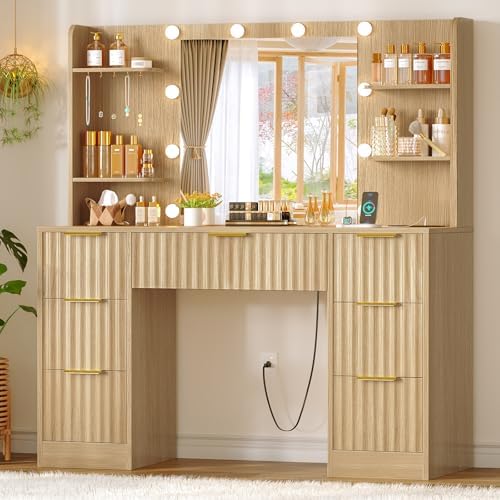 Quimoo Fluted Vanity Desk with Mirror and Adjustable LED Lights & Power Outlet, Makeup Vanity Desk with 7 Drawers,4 Shelves and 5 Hooks, Vanity for Girls, Natural Oak - Image 2