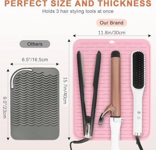 15.7" Oversize Heat Resistant Silicone Mat for Styling Tools: Curling Iron, Flat Iron, Hair Straightener - Portable Hair Styling Pad Cover Pink - Image 4