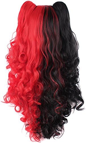 MapofBeauty Lolita Long Curly Clip on Ponytails Cosplay Wig, Black/Red - Image 3