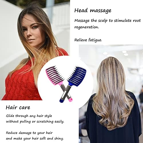 2 PACK Boar Bristle Hair Brush No Pull Curved Vented Detangler Hair Brushes Fast Blow Drying Hair Brush for Men Women Wet Dry Long Thin Thick Curly Tangled Hair (pink+blue) - Image 3