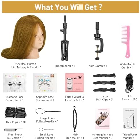 Mannequin Head Human Hair, 90% Human Hair with Tripod Stand, 23" Makeup Mannequin Cosmetology Manikin Practice Doll Head with Stand, Face Gems, Braiding Hairdressing Head for Hair Styling with Table Clamp + DIY Hair Styling Set - Image 2