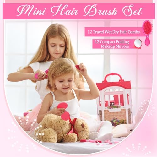 Meanplan 24 Pcs Mini Hair Brush Set 12 Travel Wet Dry Hair Combs Pocket Detangling 12 Compact Folding Makeup Mirror for Spa Sleepover Birthday Bridal Shower Bachelorette Christmas Party Gift(Rose Red) - Image 5