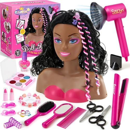 Cleboen Hair Styling Doll Head for Girls, Pretend Play Beauty Salon Makeup Kit with Hair Dryer, Straightener & Real Nail Polish, 35PCS Hair Accessories Playset, Birthday Gifts for Girls Age 4-6 6-8 by Cleboen