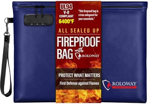 ROLOWAY Fireproof Document Bag (14.5 x 11.5 inch), 6400℉ Fireproof Money Bag with Zipper for Cash, Fire Safe Money Pouch with Lock (Blue) by ROLOWAY