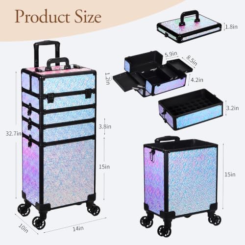 5 in 1 Rolling Makeup Train Case Professional Cosmetic Trolley Large Storage Organizer on Wheels for Hairstylist Artist Nail Beauty Salon Barber Shiny Purple - Image 2
