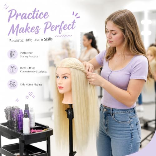 Mannequin Head Human Hair- Cosmetology Manikin Doll Head with 80% Real Hair for Hairdresser Practice Styling Braiding & Free Clamp Holder (Blonde) - Image 2