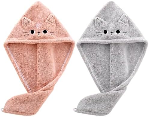 2Pack Microfiber Hair Towel Wrap for Kids, Cute Cat Absorbent Hair Drying Turbans Head Towels for Women Girls (Pink and Gray cat) by KIGOTWIN