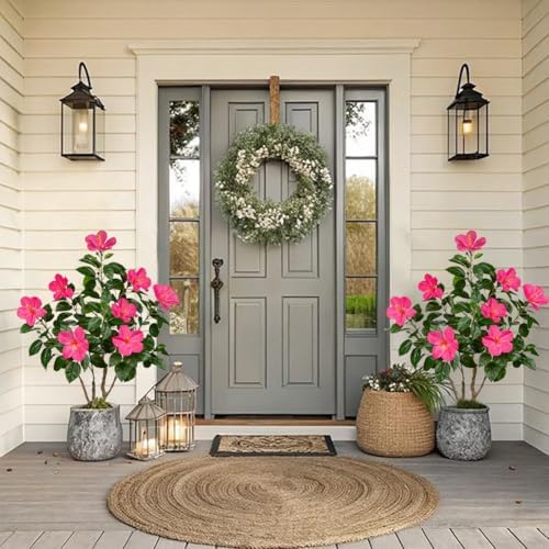 Briful Artificial Hibiscus Tree 2.95ft Tall Real Touch Fake Tree with Pink Flowers Potted Faux Plant Indoor Realistic Floor Plants for Front Porch Outdoor Home, Patio Decor - Image 4