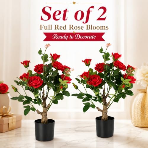 24’’ Artificial Rose Tree, 2 Pack Faux Rose Plants with Red Flowers and Green Leaves, 2FT Silk Potted Tree for Indoor Outdoor Home Office Porch Garden Decor, Red - Image 6