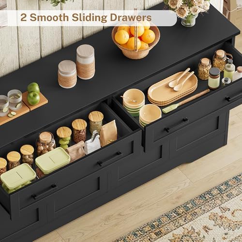 usikey 55" Buffet Cabinet with Storage and Drawers, Large Sideboard Buffet Cabinet with Adjustable Shelves and Doors, Modern Coffee Bar for Kitchen, Living Room, Black - Image 4
