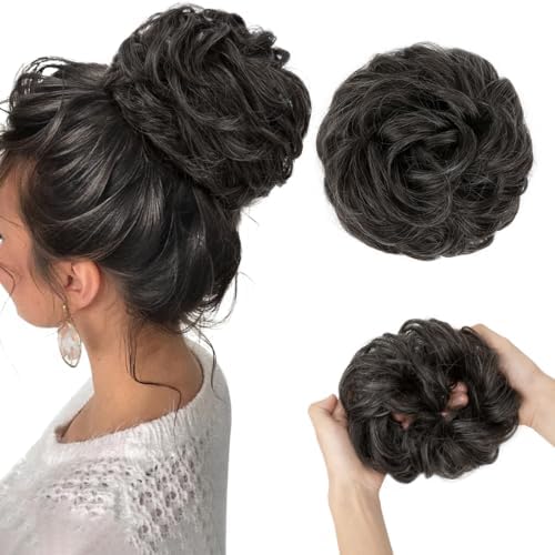 CJL HAIR Large Messy Bun Hair Piece Wavy Curly Scrunchies Synthetic Chignon Ponytail Hair Extensions Thick Updo Hairpieces for Women Pepper Grey by CJLHAIR