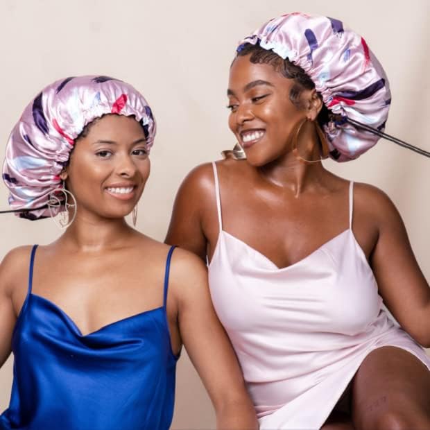 Glow By Daye Satin Bonnet, Double-Layered and Adjustable Satin Sleep Cap, Extra Large, Reversible Free Spirit Pink Brushstrokes - Image 5