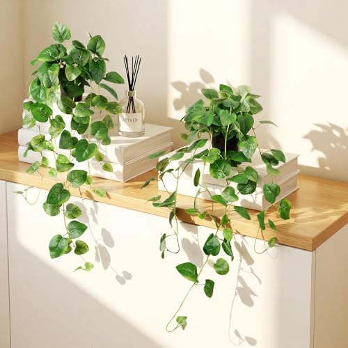 Fake Pothos Hanging Plant - Set of 2 Artificial Plants Indoor with Pots, Silk Faux Greenery Ivy for Outdoor, Fake Potted Plants for Wall Farmhouse Room Decor, Green 33In by Unknown