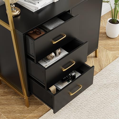 HITHOS Black Gold Bookshelf, 69" H Ladder Book Shelf with Drawers & Shelves - Image 6