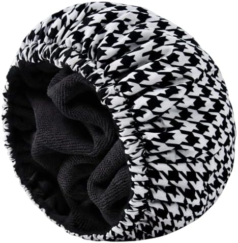 Shower Cap for Men Black Bath Cap, Reversible Terry Lined Large Waterproof Adjustable Shower Caps Elastic Band Stretch Hem Hair Hat for braids by AILEAM