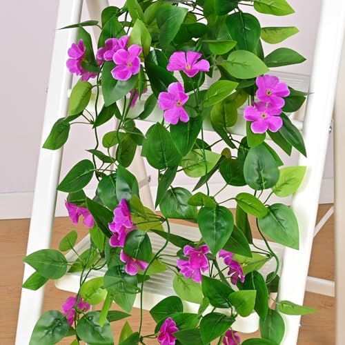 BLEUM CADE Artificial Hanging Flowers for Outdoors, 2pcs Fake Hanging Plants Pothos Vines with Purple Flowers for Wall Home Living Room Indoor Outdoor Decor (No Baskets) - Image 3